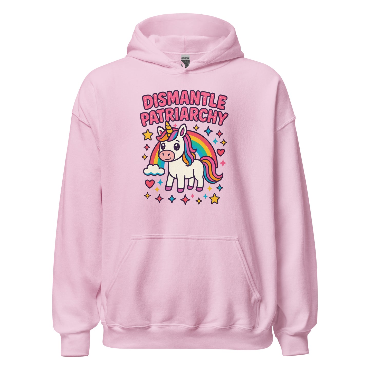 Pink hoodie with unicorn graphic and 'Dismantle Patriarchy' text on a white background