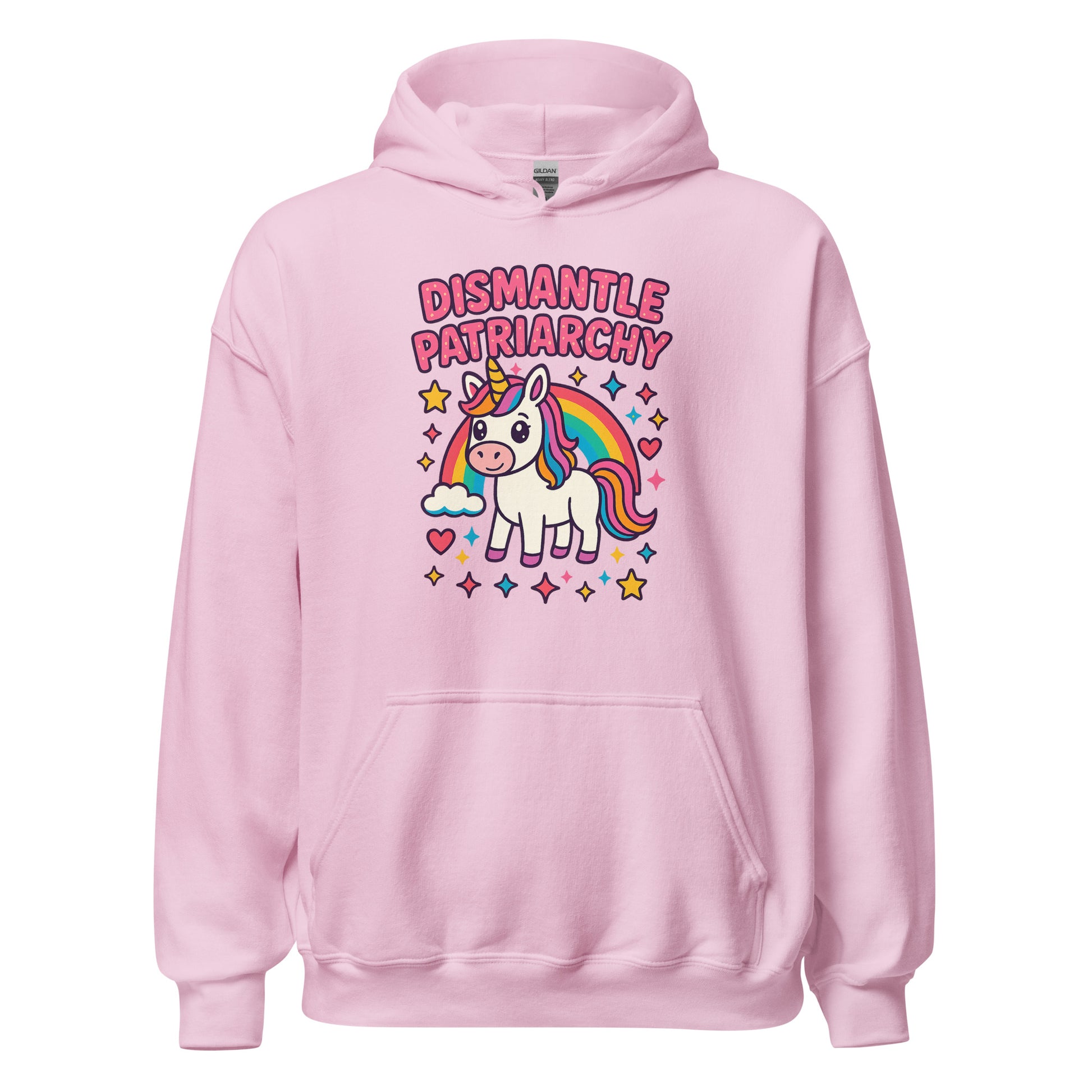 Pink hoodie with unicorn graphic and 'Dismantle Patriarchy' text on a white background