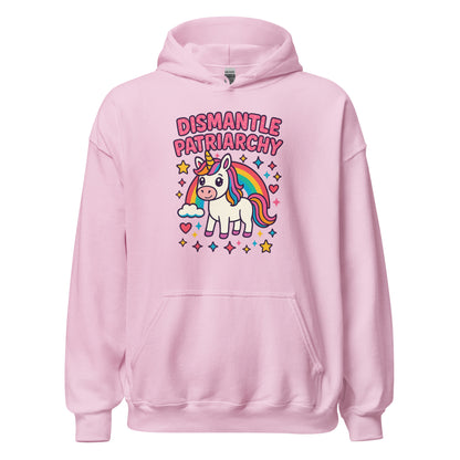 Pink hoodie with unicorn graphic and 'Dismantle Patriarchy' text on a white background