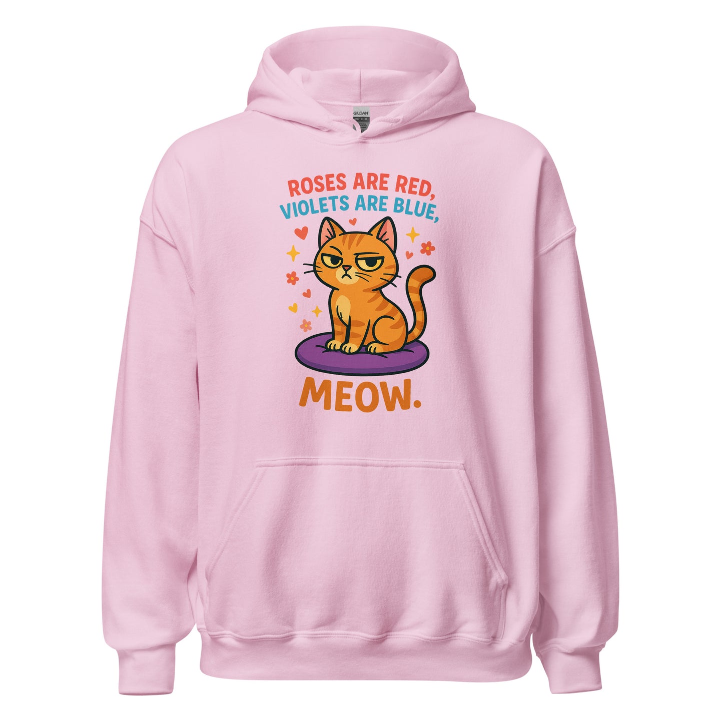 Pink hoodie with a cat graphic and text on a white background