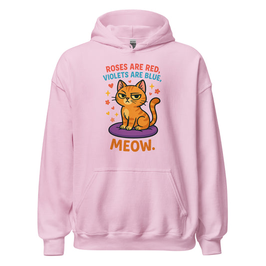 Pink hoodie with a cat graphic and text on a white background