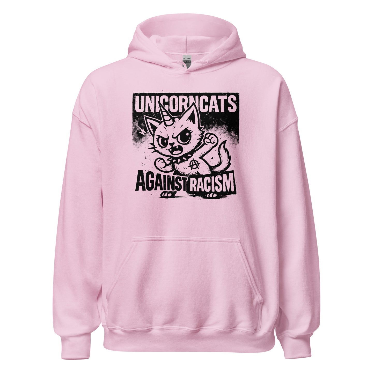 Rose hoodie with a unicorncat and a text reading "Unicorncats against racism"