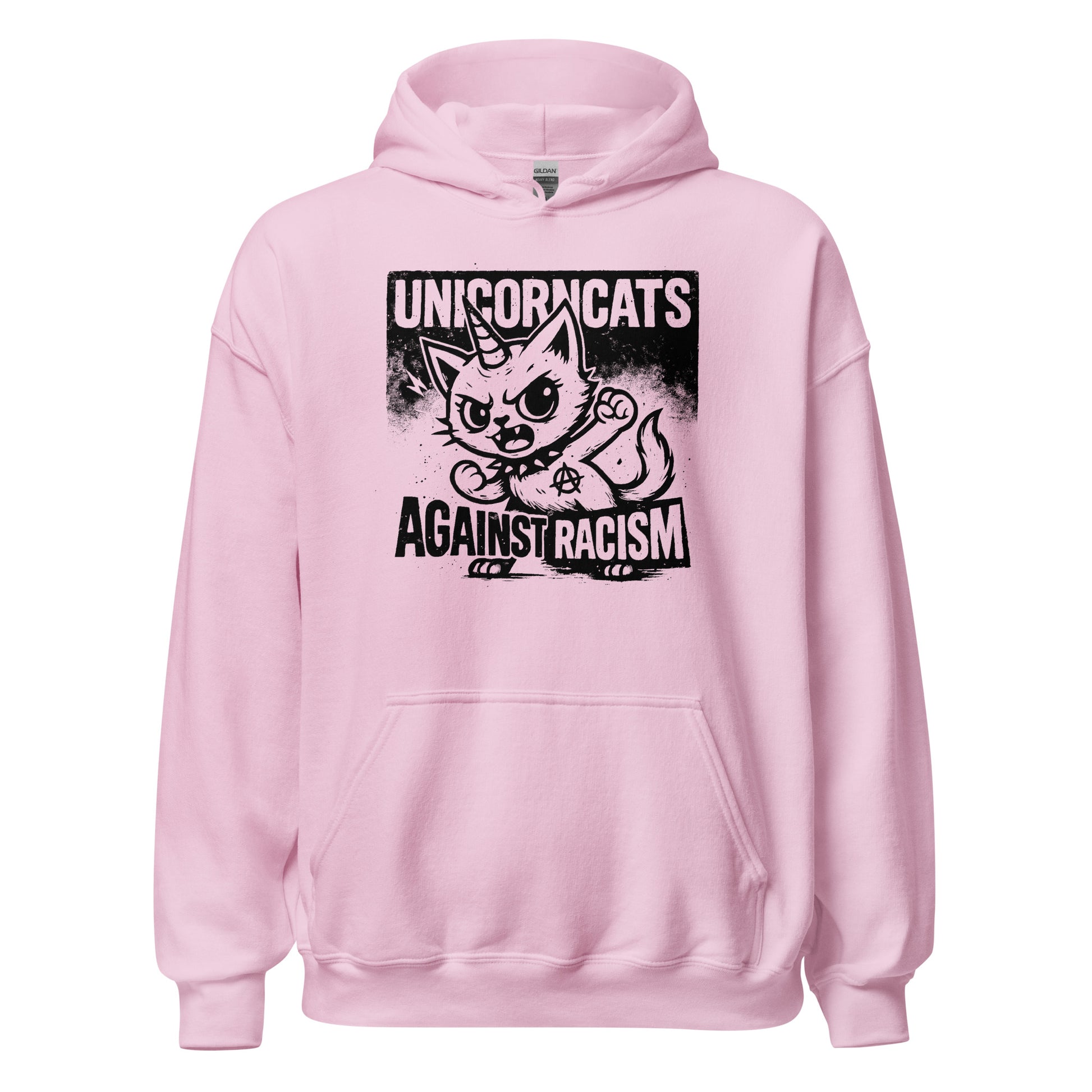 Rose hoodie with a unicorncat and a text reading "Unicorncats against racism"