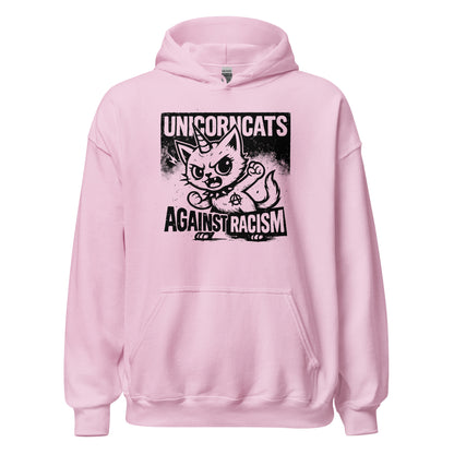 Rose hoodie with a unicorncat and a text reading "Unicorncats against racism"
