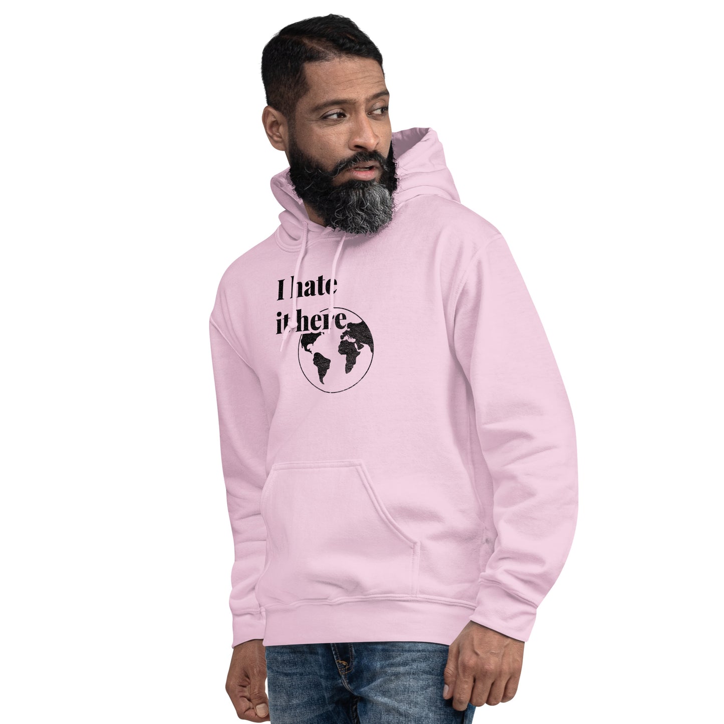 Man wearing a pink hoodie with text and graphic design on a white background