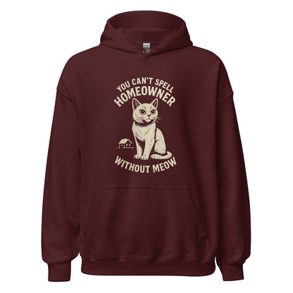 Maroon hoodie with a cat graphic and text on a white background