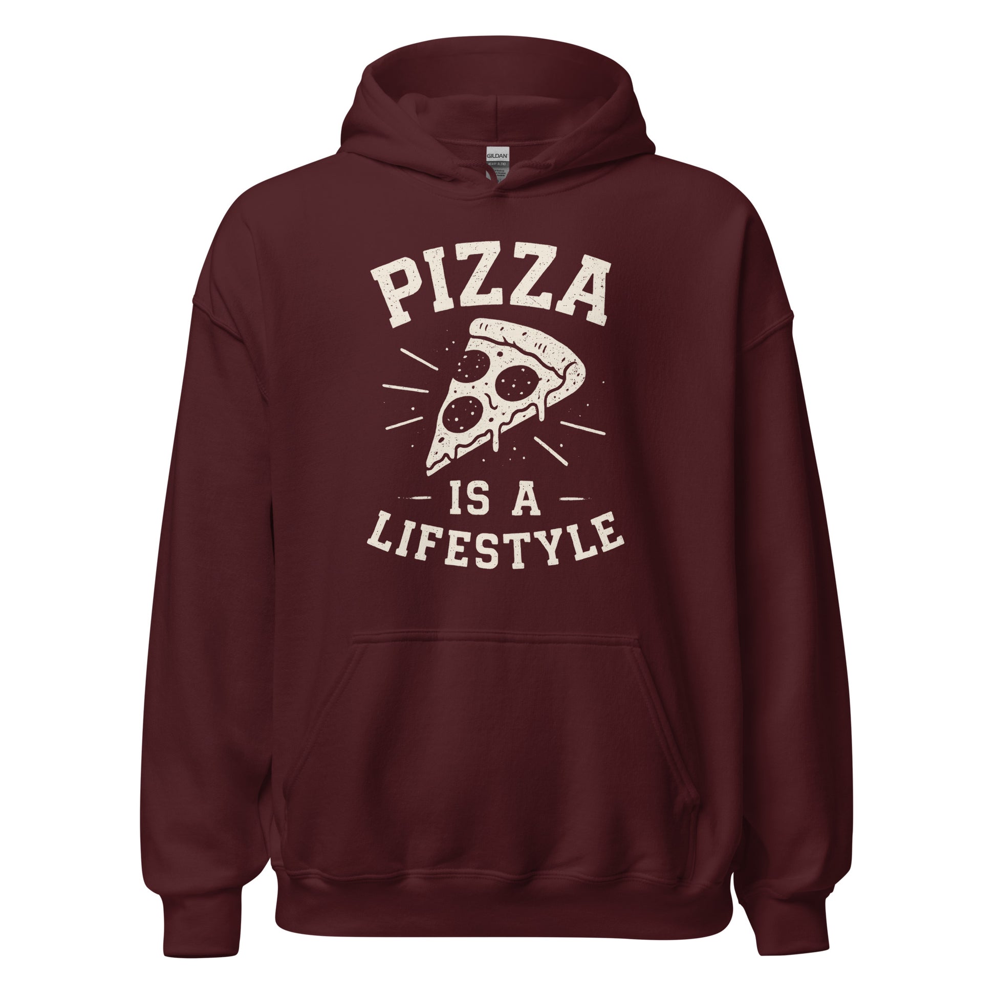 Maroon hoodie with 'Pizza is a Lifestyle' text and graphic on a white background