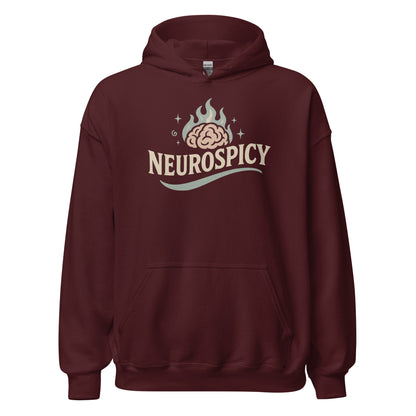 Maroon hoodie with 'NEUROSPICY' logo on a white background