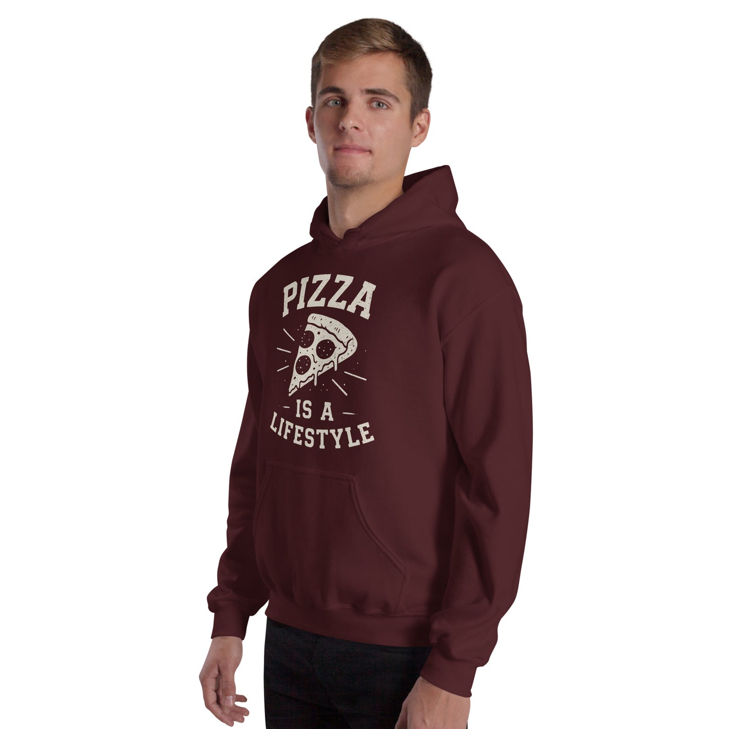 Man wearing a maroon hoodie with 'Pizza is a Lifestyle' text and graphic on a white background