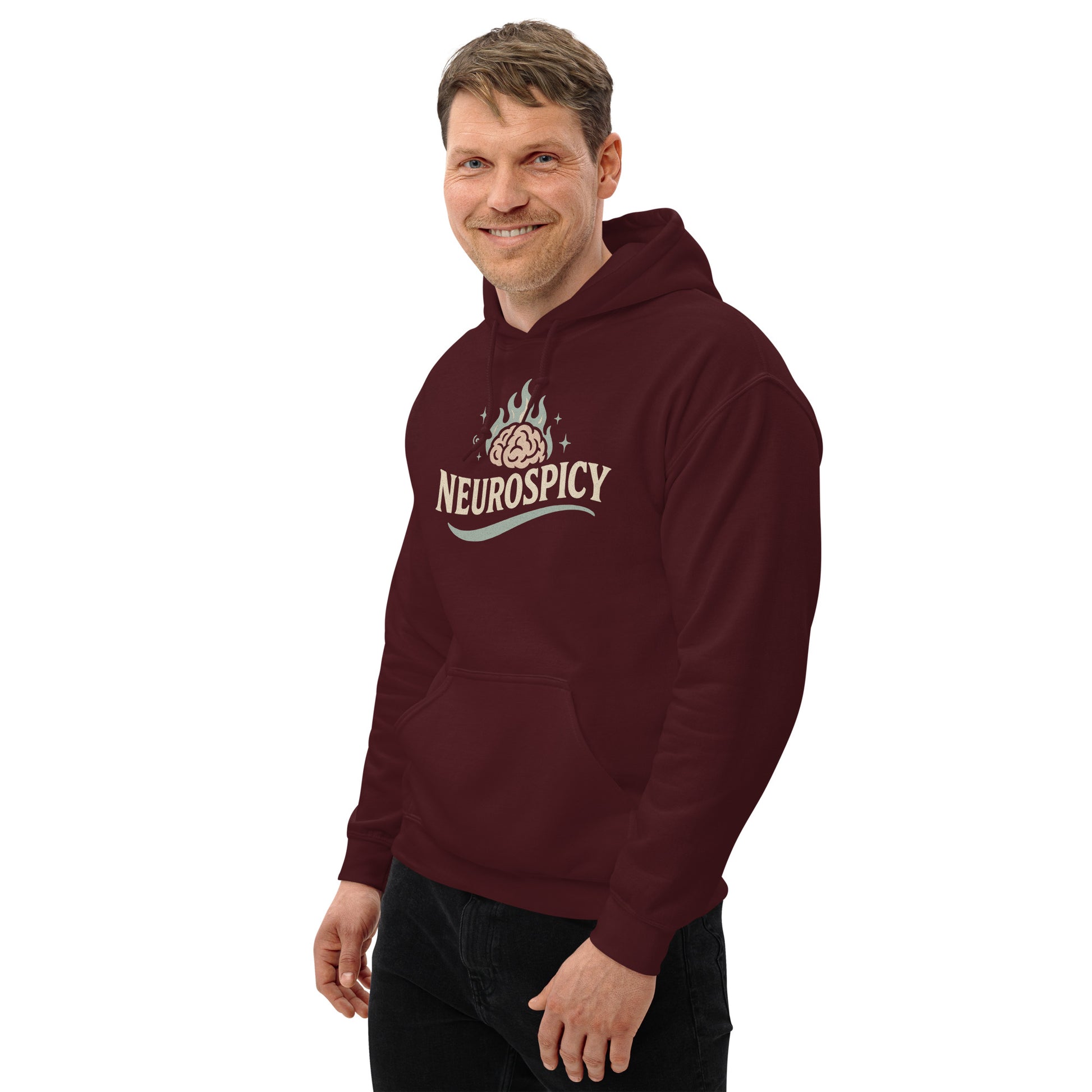 Man wearing a maroon hoodie with 'Neurospicy' logo on a white background