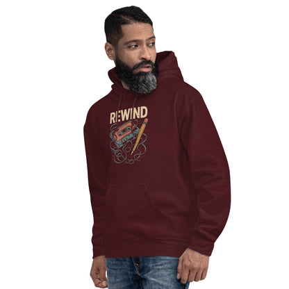 Man wearing a maroon hoodie with 'Rewind' graphic design on a white background