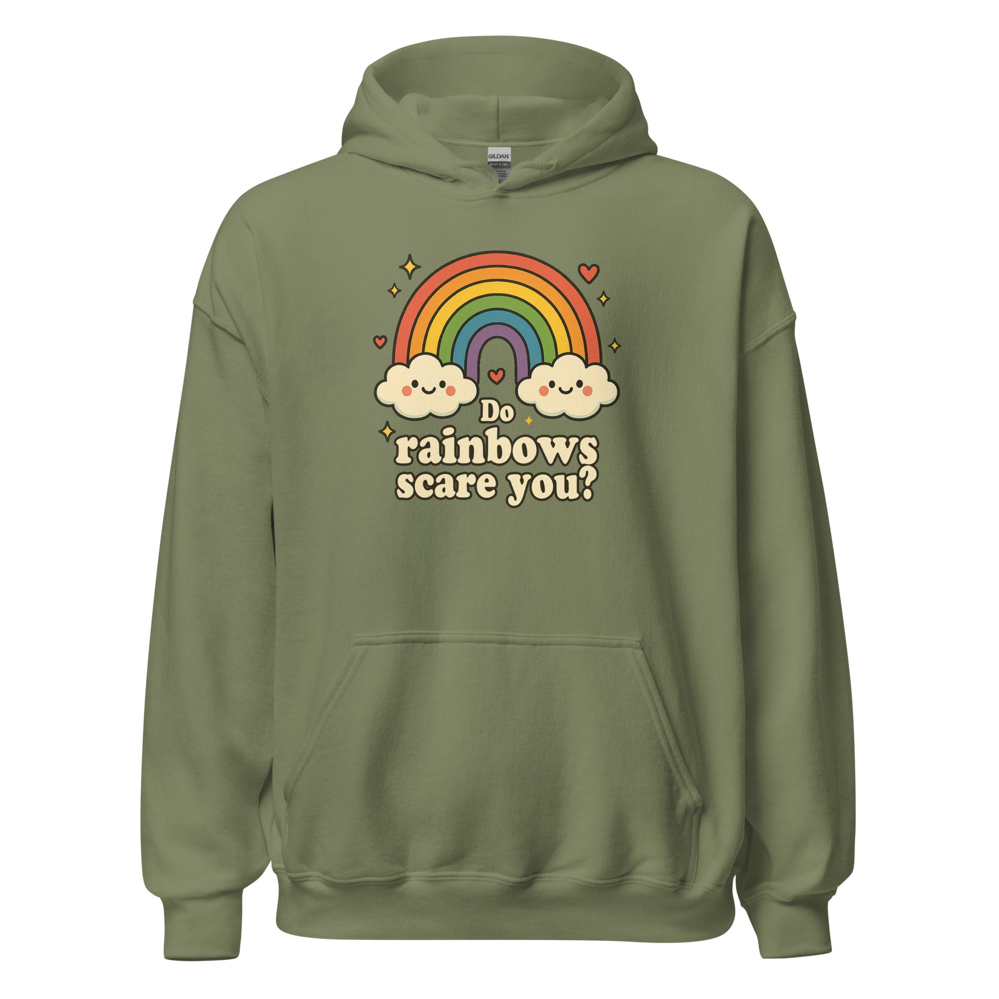 Green hoodie with rainbow and cloud design on a white background