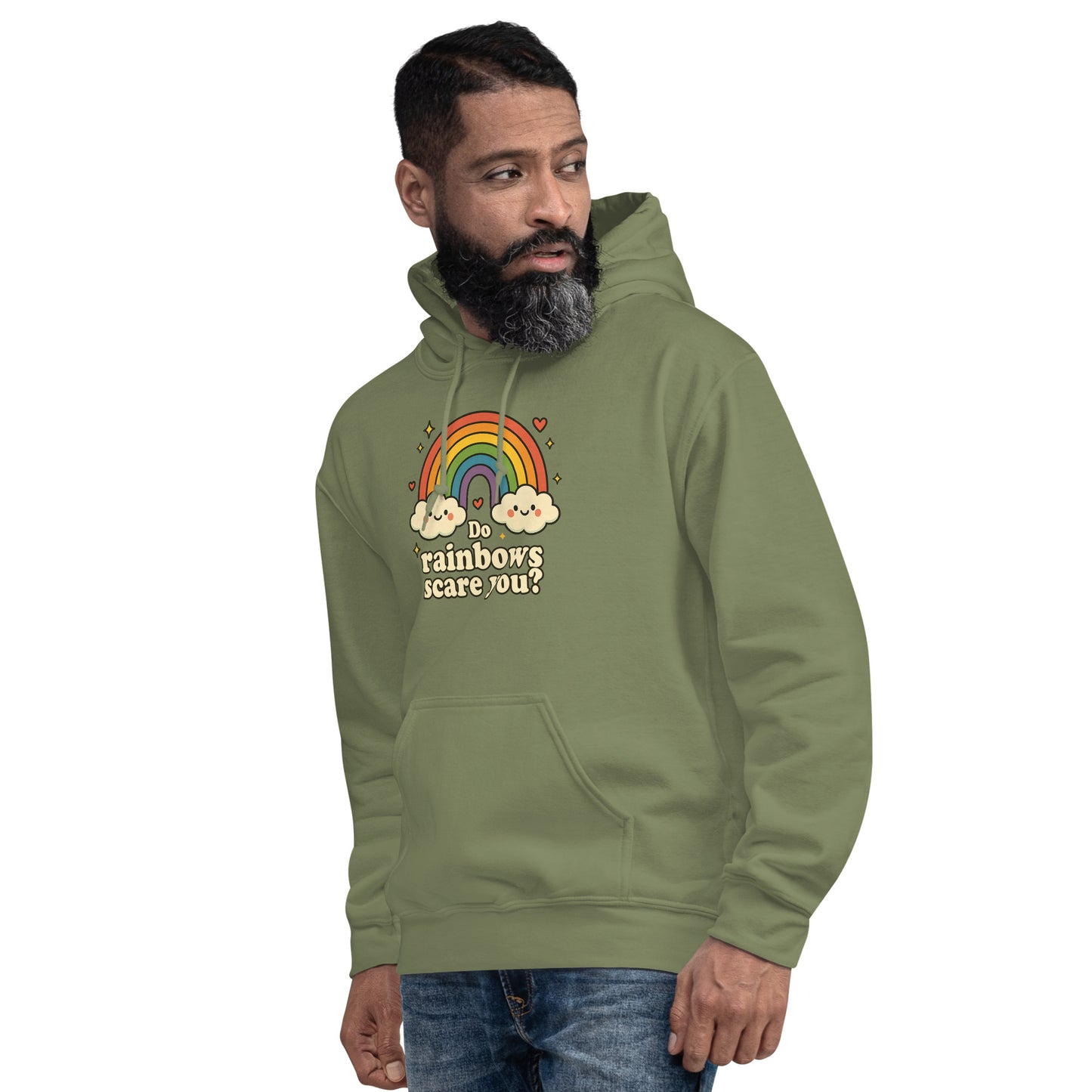 Man wearing a green hoodie with a rainbow design and text on a white background