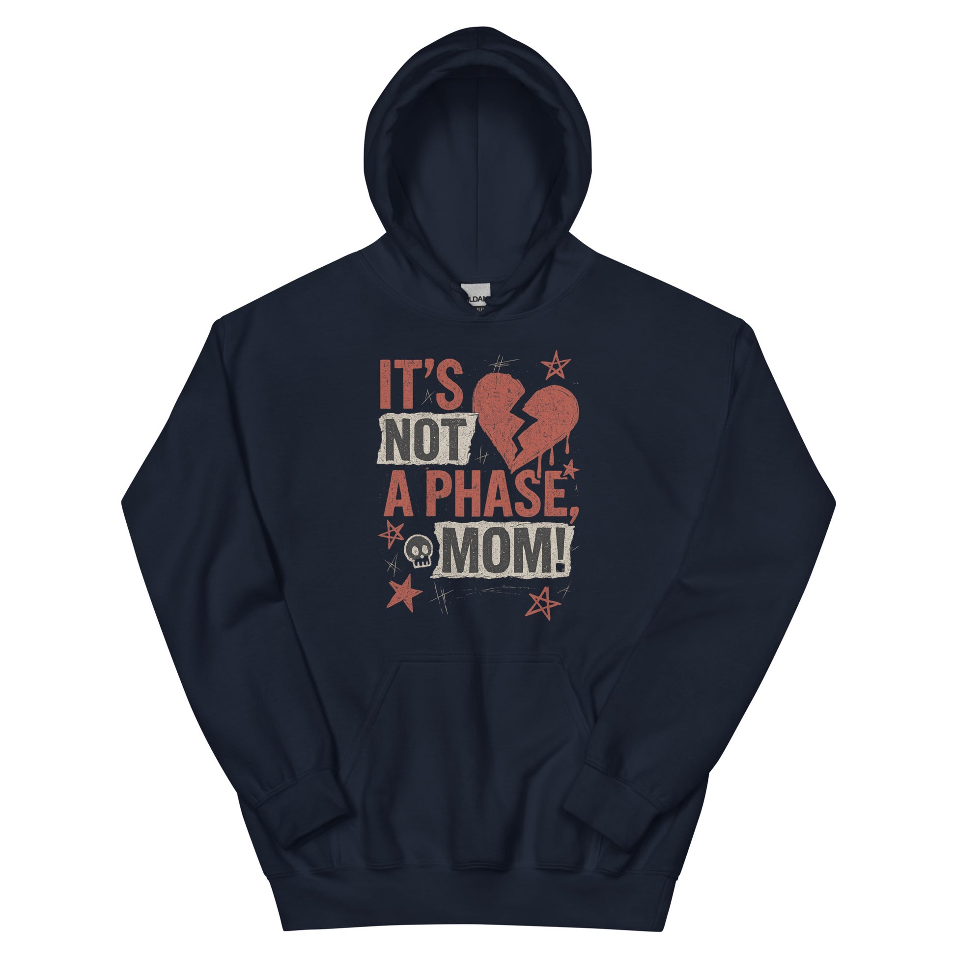 Navy blue hoodie with a graphic design and text on a white background
