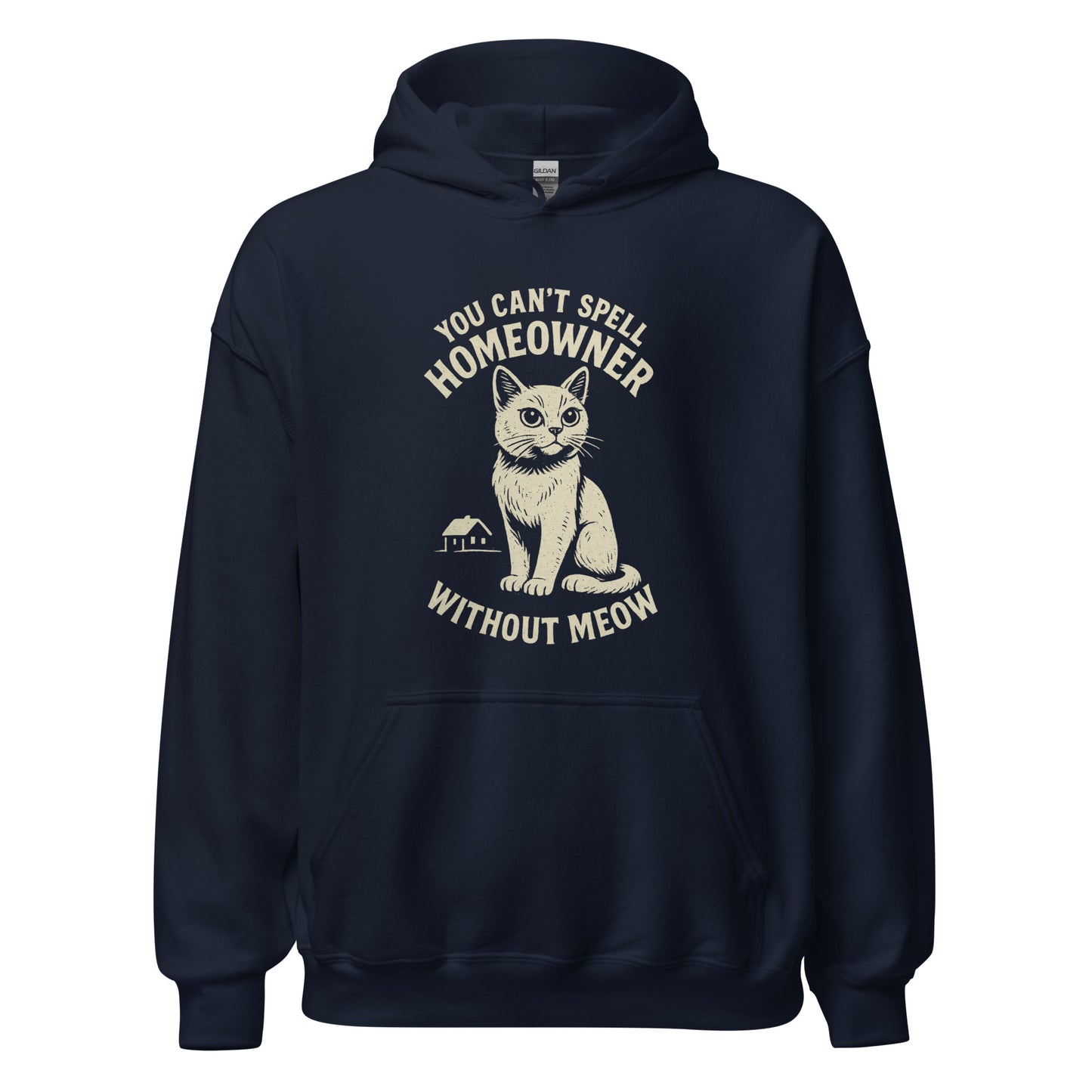 Navy blue hoodie with a cat graphic and text on a white background