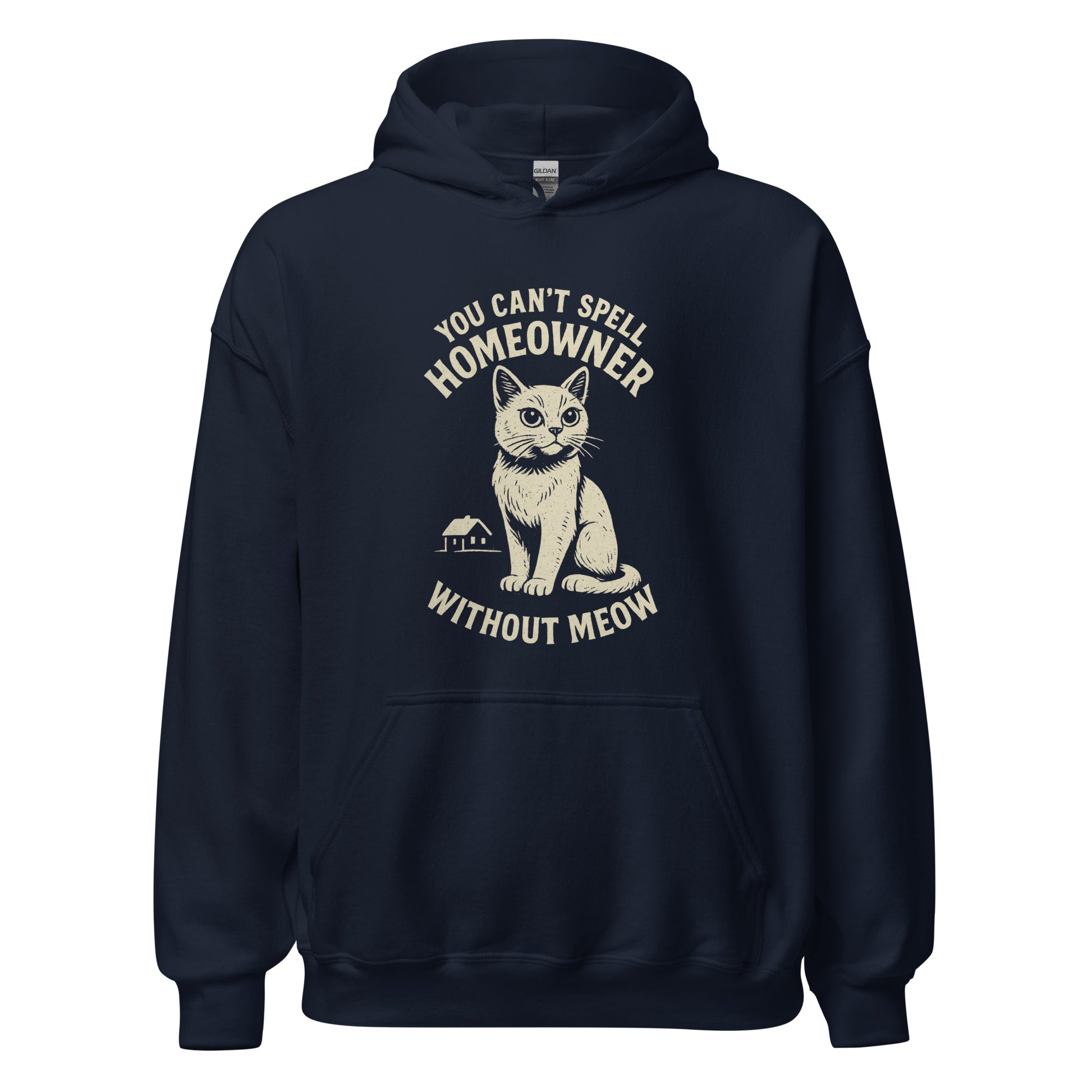Navy blue hoodie with a cat graphic and text on a white background