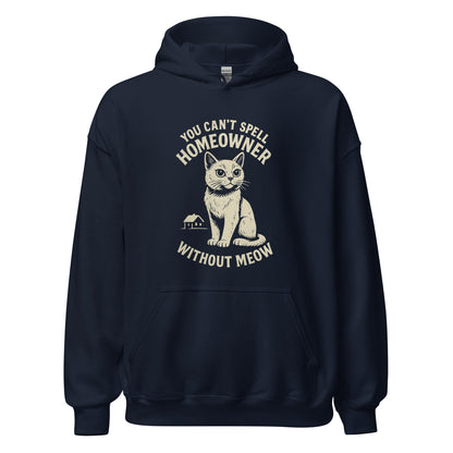 Navy blue hoodie with a cat graphic and text on a white background