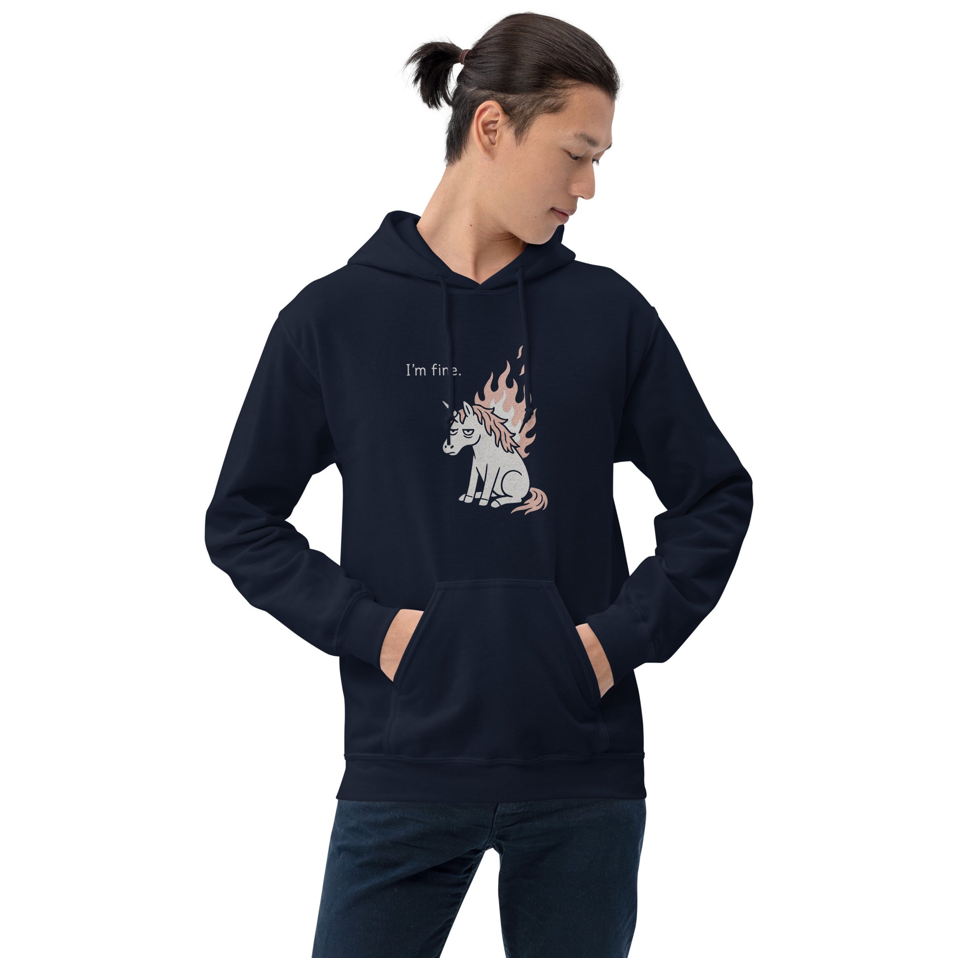 Person wearing a navy blue hoodie with a graphic design on a white background
