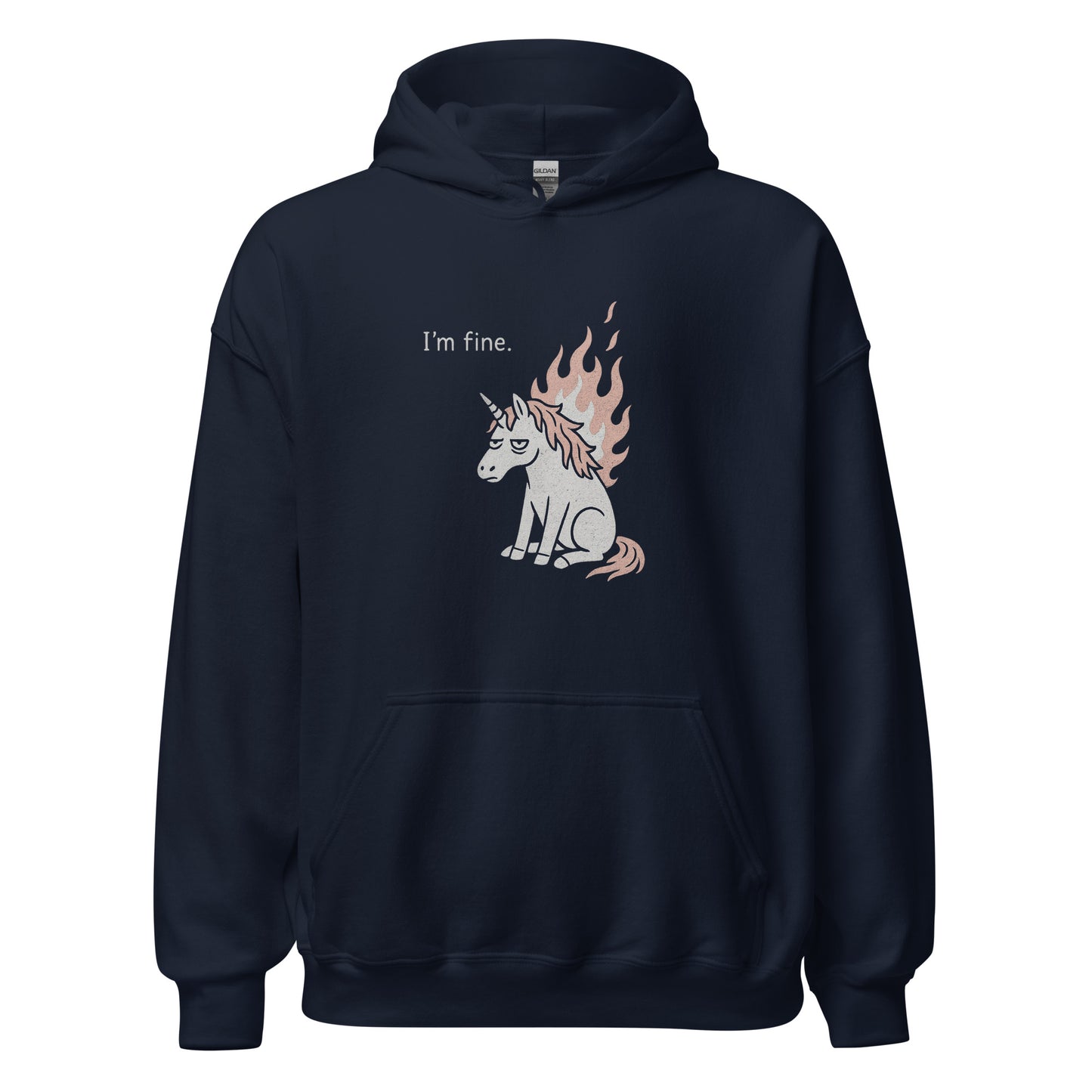 Navy blue hoodie with a unicorn graphic and 'I'm fine.' text on a white background