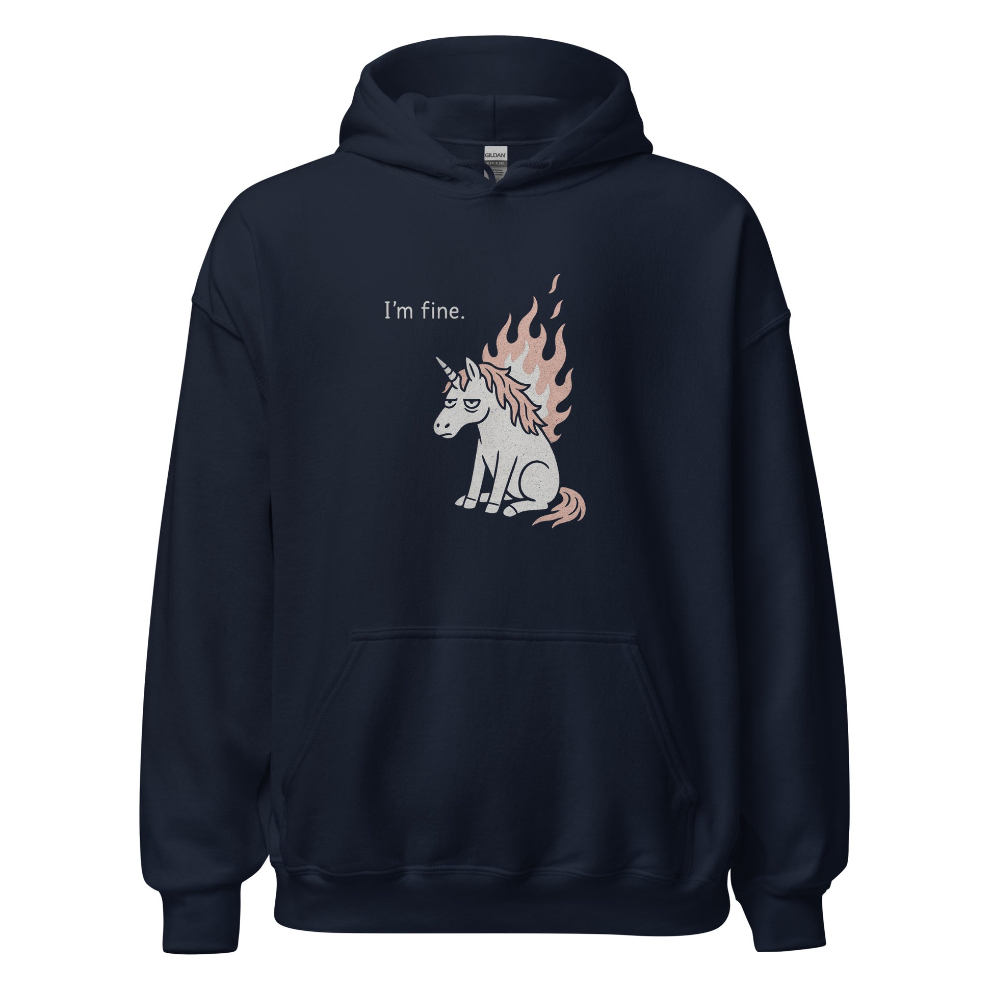 Navy blue hoodie with a unicorn graphic and 'I'm fine.' text on a white background