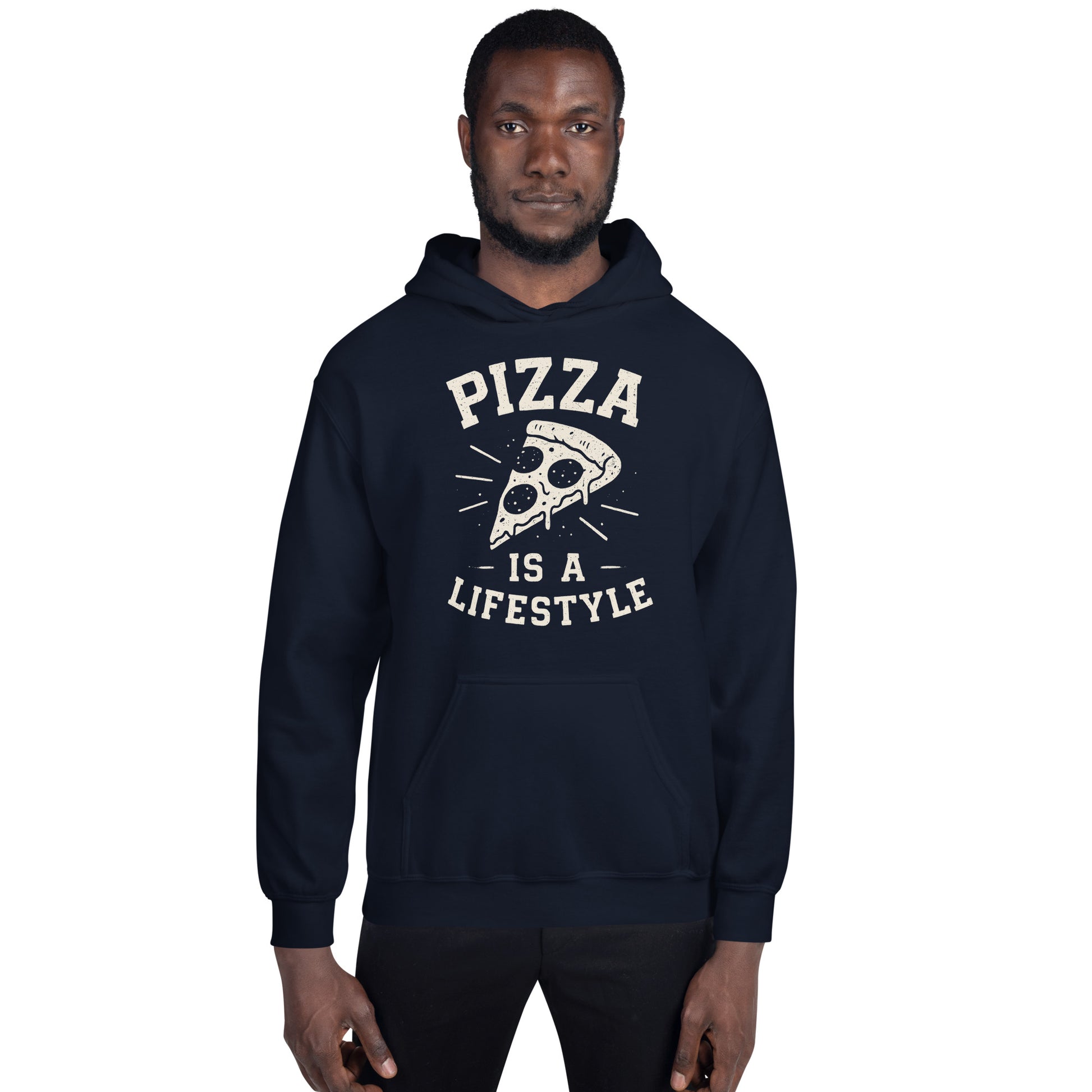 Man wearing a navy hoodie with 'Pizza is a Lifestyle' text and graphic on a white background