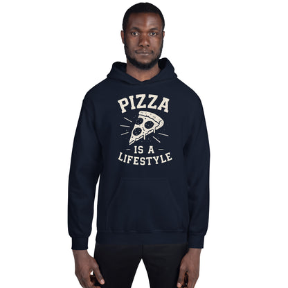 Man wearing a navy hoodie with 'Pizza is a Lifestyle' text and graphic on a white background