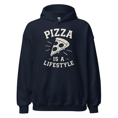 Navy blue hoodie with 'Pizza is a Lifestyle' text and pizza graphic on a white background