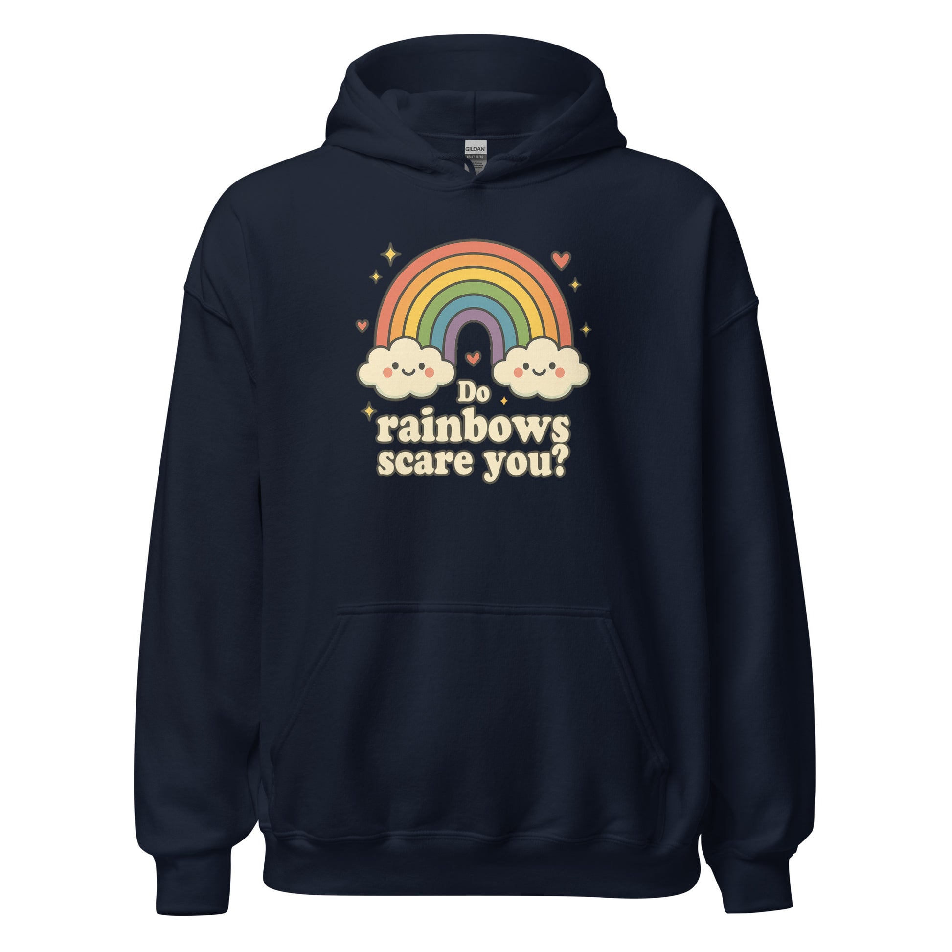 Navy blue hoodie with rainbow and cloud design on a white background