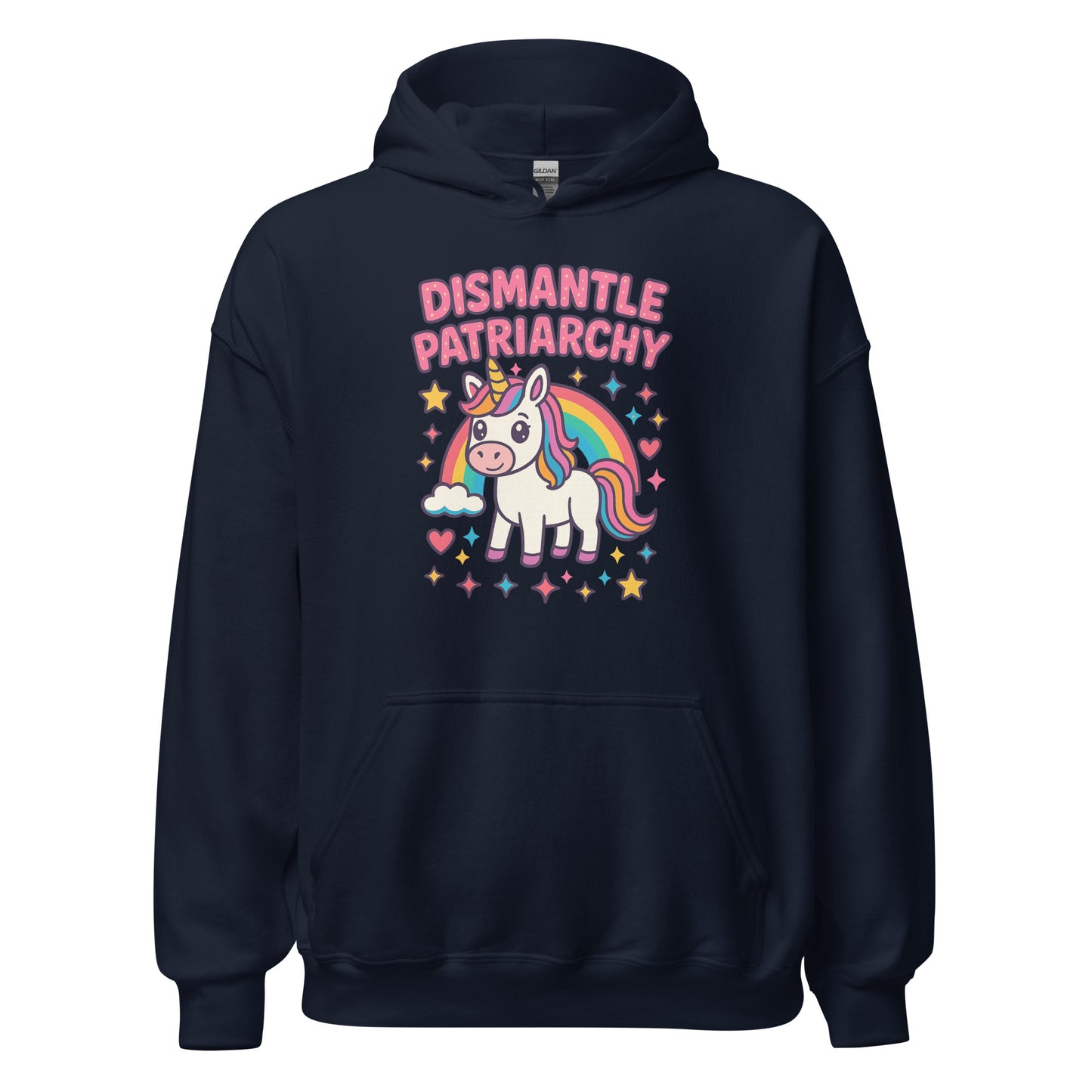 Navy blue hoodie with unicorn graphic and 'Dismantle Patriarchy' text on a white background
