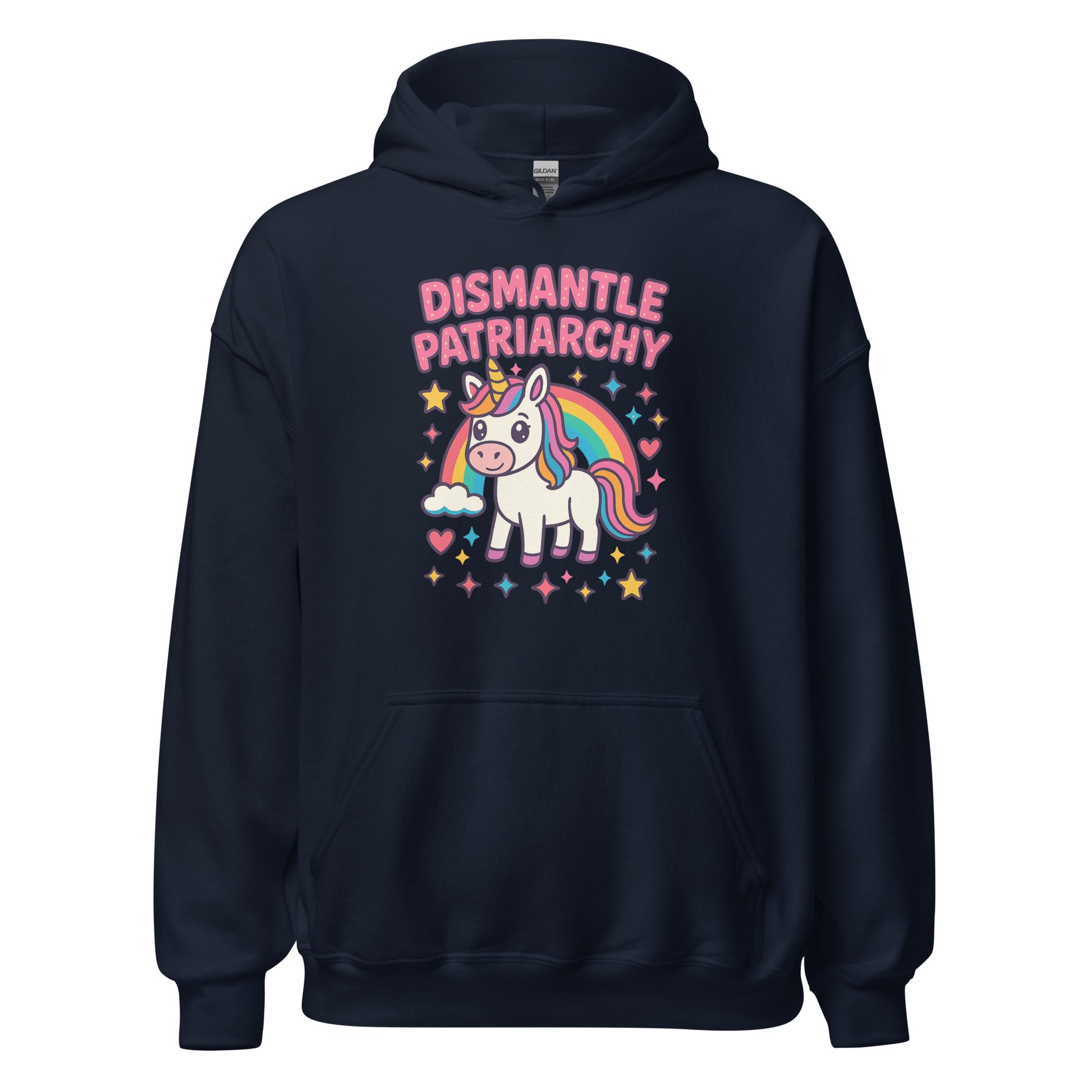 Navy blue hoodie with unicorn graphic and 'Dismantle Patriarchy' text on a white background