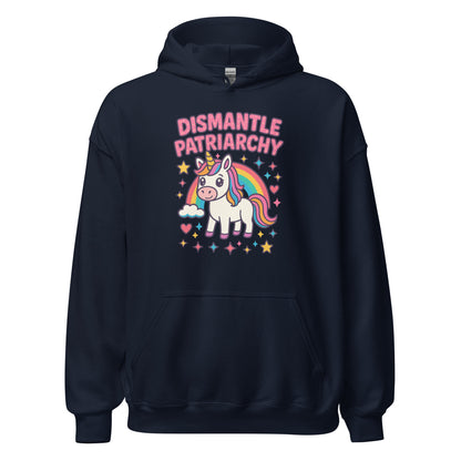 Navy blue hoodie with unicorn graphic and 'Dismantle Patriarchy' text on a white background