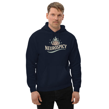 Man wearing a navy hoodie with 'NEUROSPICY' logo on a white background