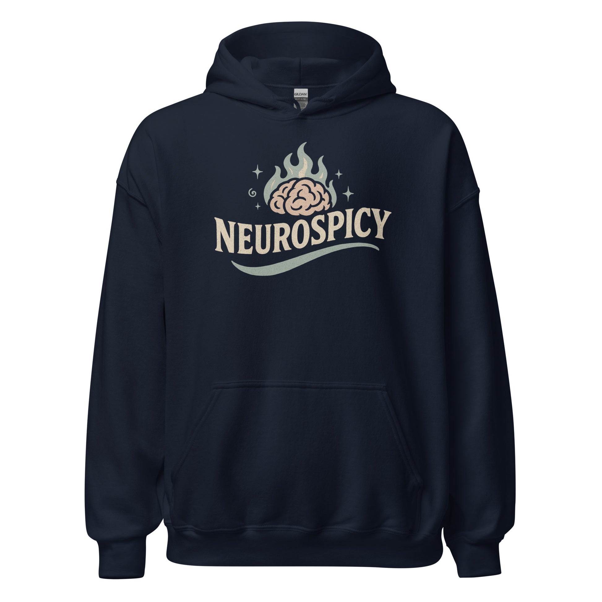 Navy blue hoodie with 'NEUROSPICY' logo on a white background