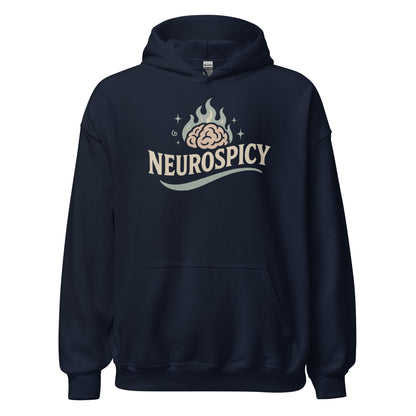 Navy blue hoodie with 'NEUROSPICY' logo on a white background