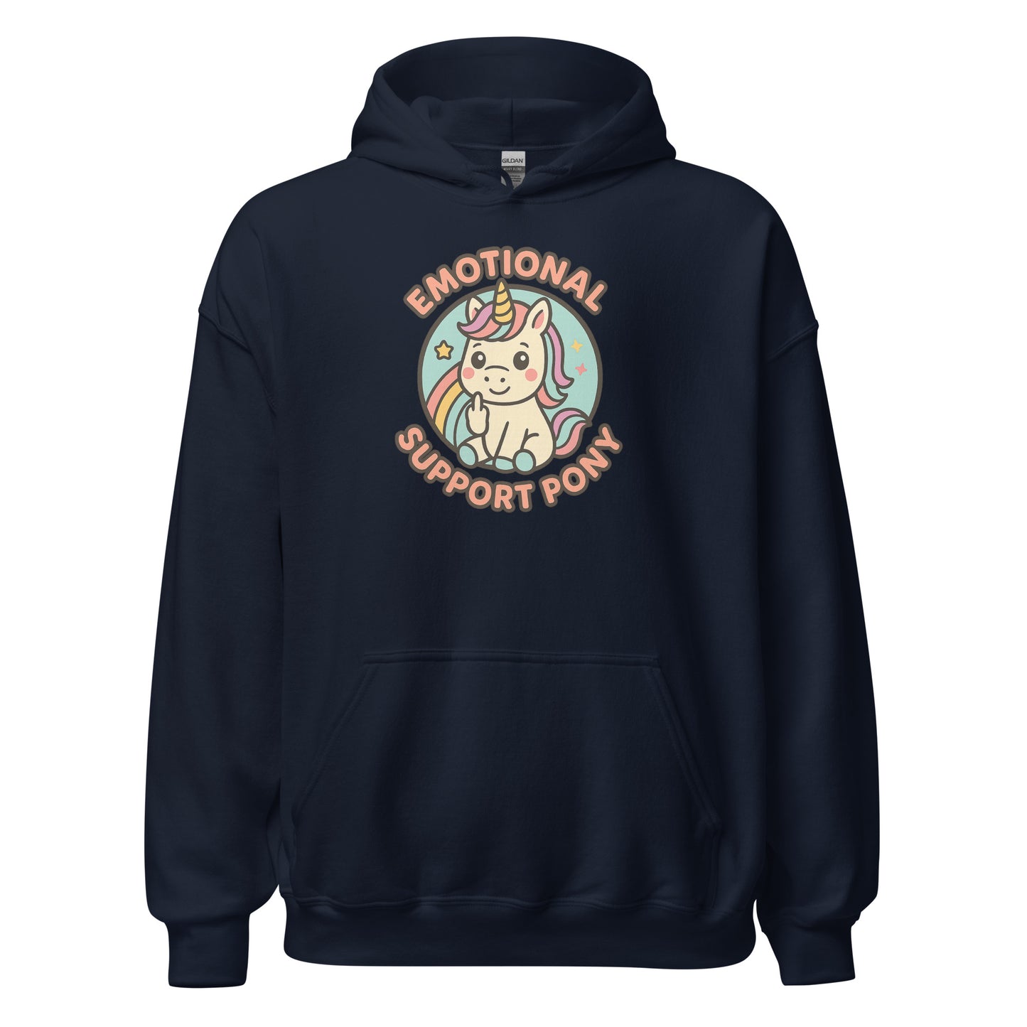 Navy blue hoodie with a colorful unicorn graphic and text on a white background