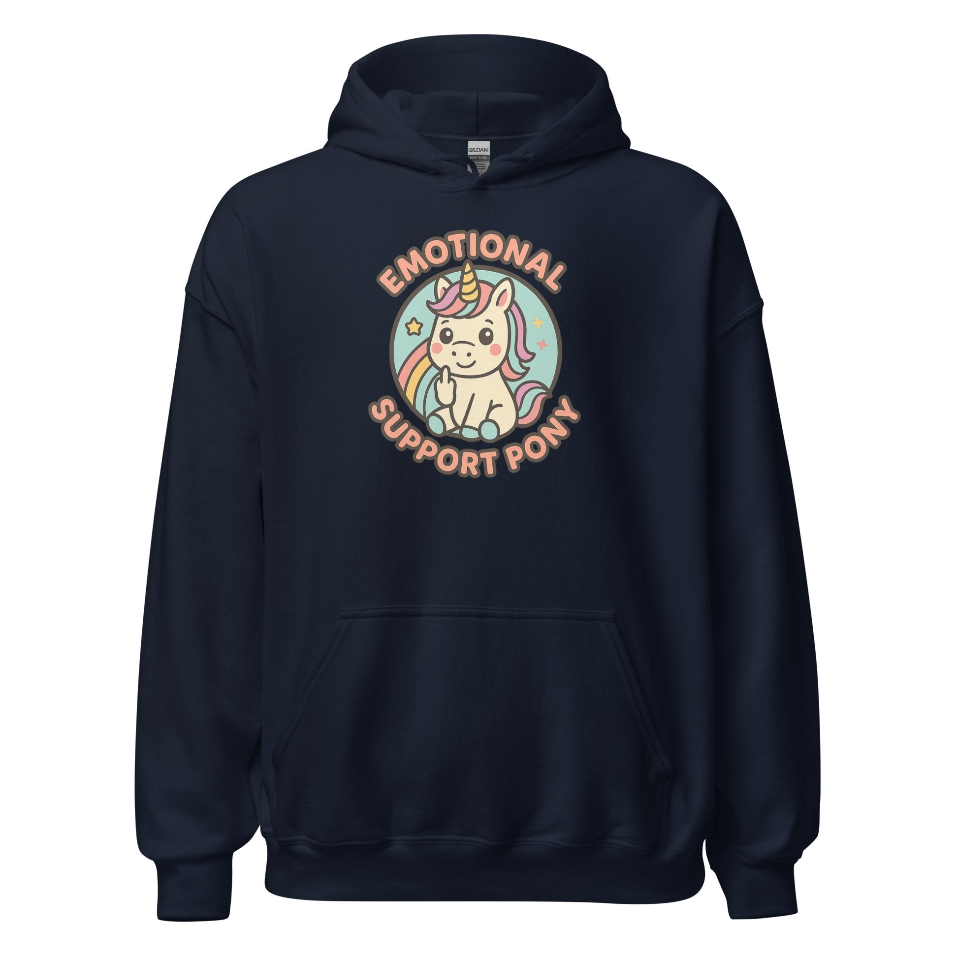 Navy blue hoodie with a colorful unicorn graphic and text on a white background