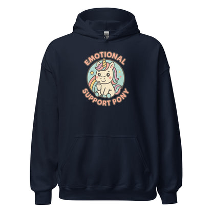 Navy blue hoodie with a colorful unicorn graphic and text on a white background
