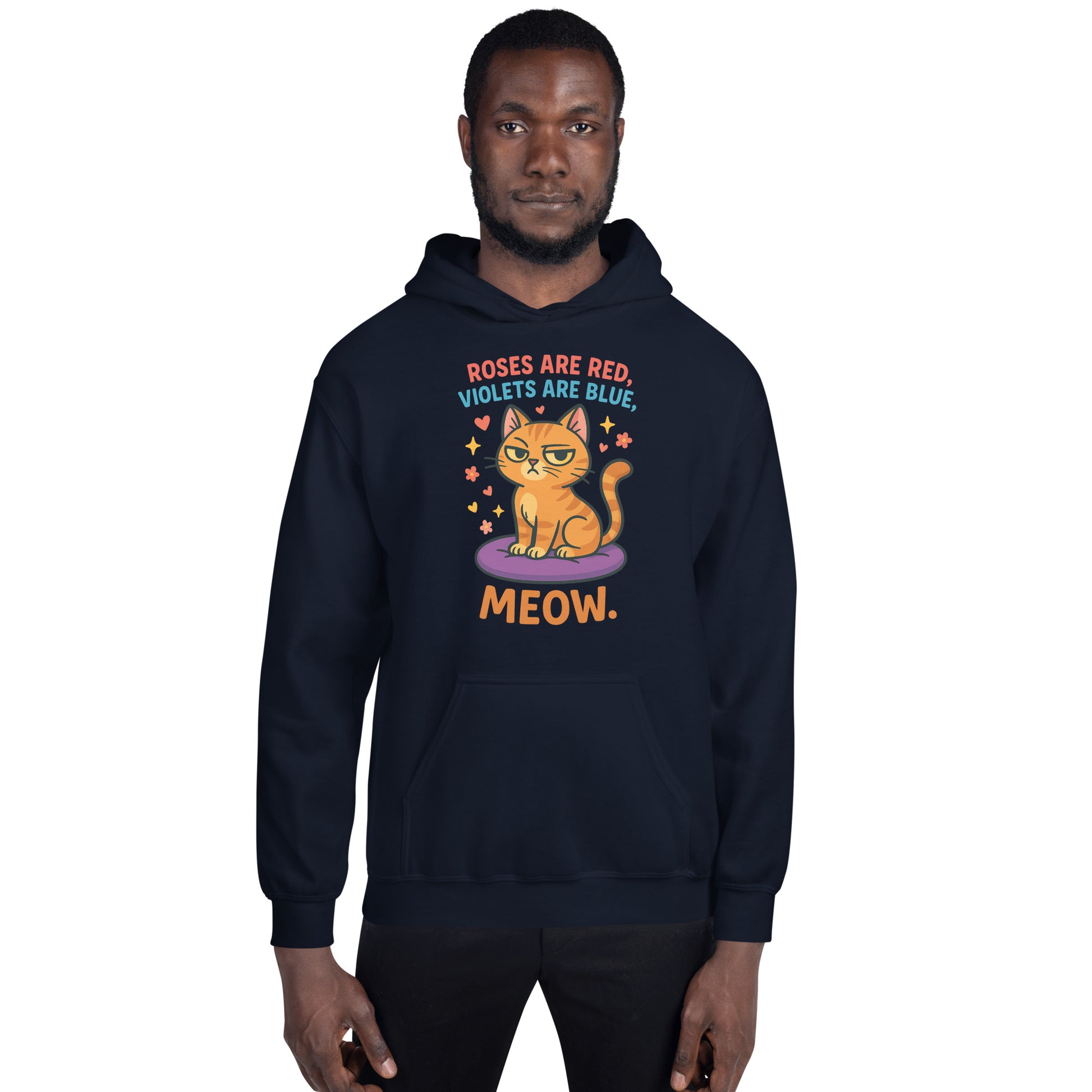 Person wearing a navy hoodie with a cat graphic and text on a white background