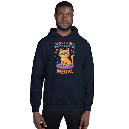 Person wearing a navy hoodie with a cat graphic and text on a white background