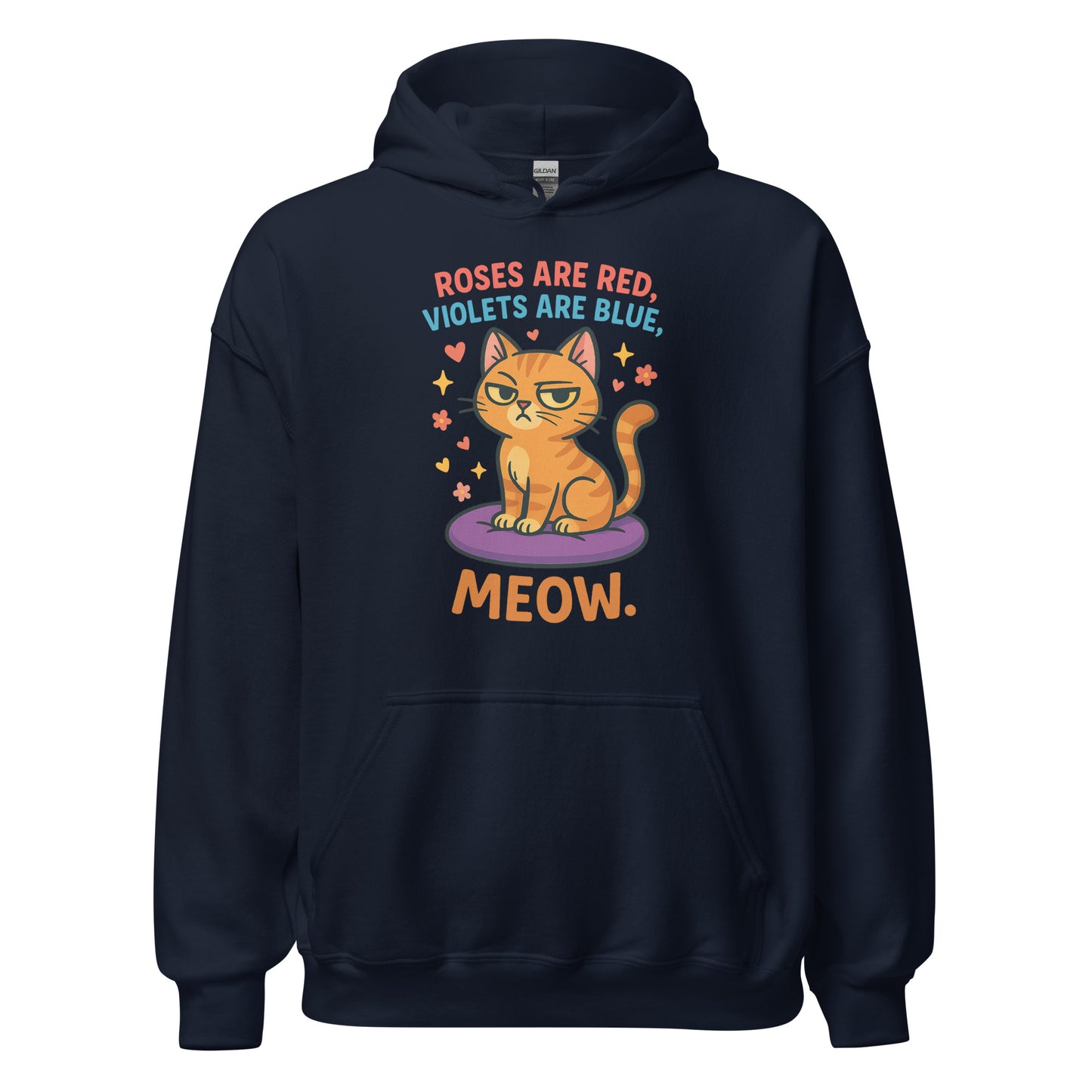 Navy blue hoodie with a cat graphic and text on a white background