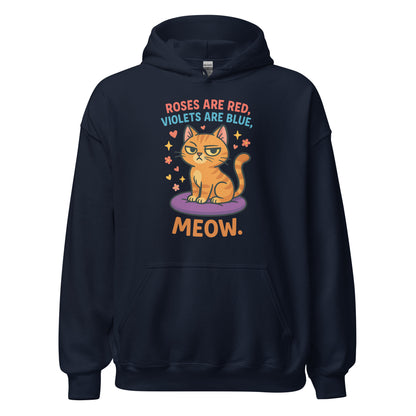 Navy blue hoodie with a cat graphic and text on a white background