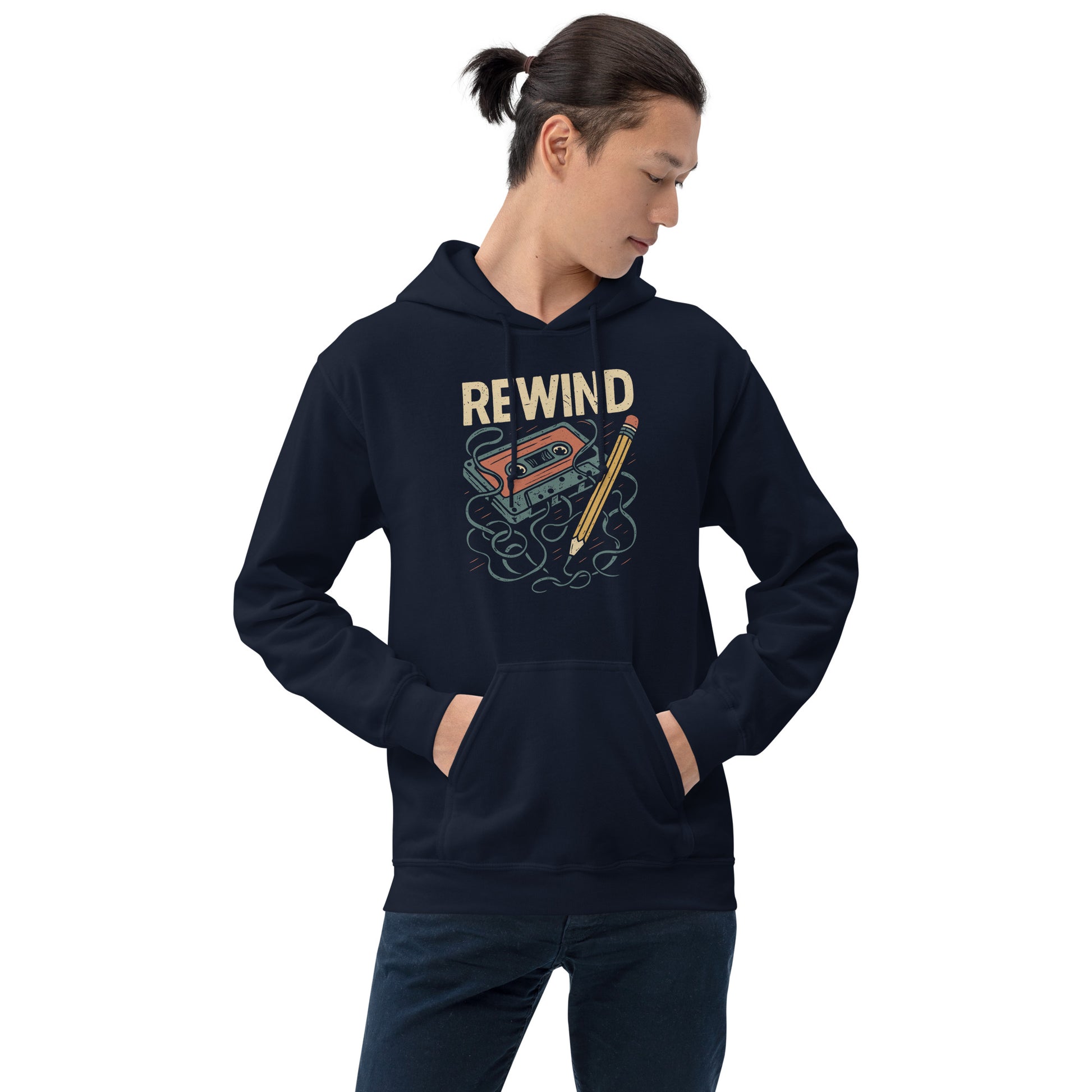 Person wearing a navy hoodie with 'REWIND' design on a white background