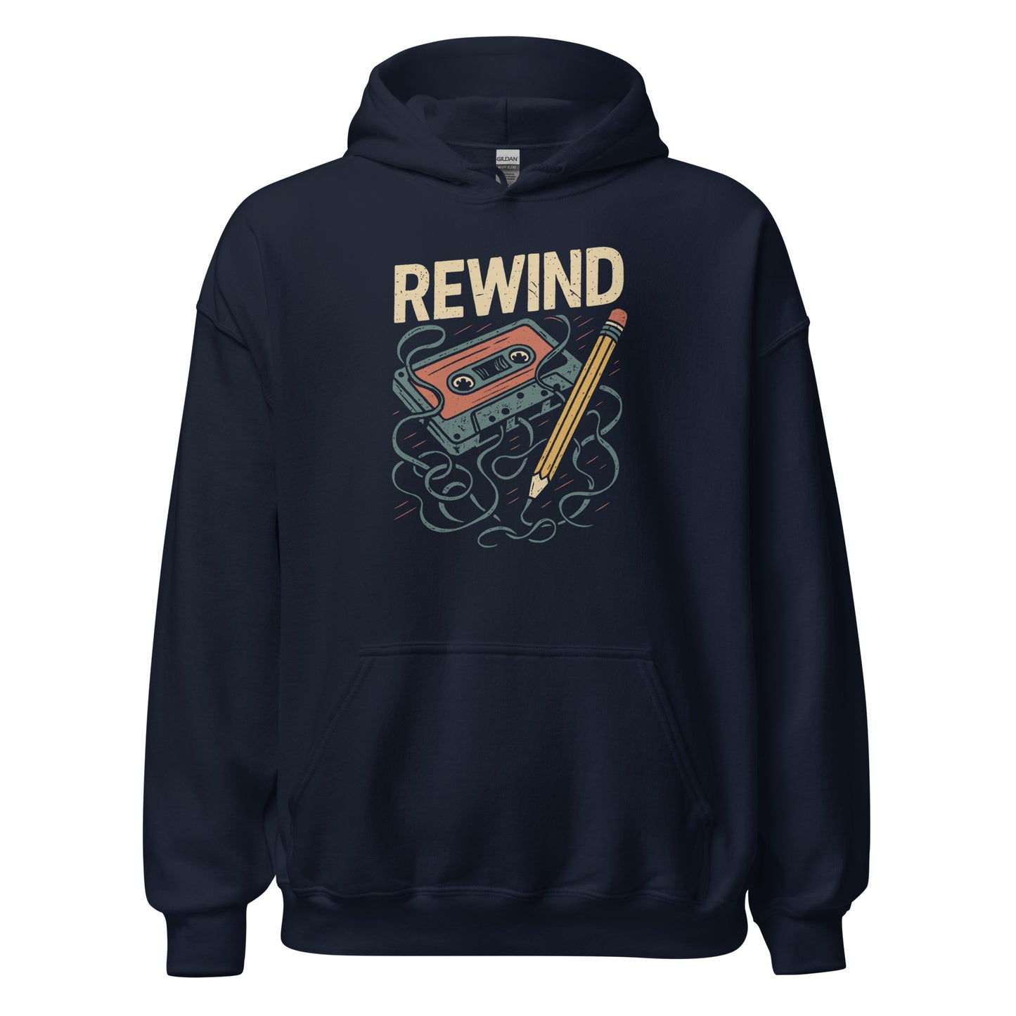 Navy blue hoodie with 'REWIND' graphic design on a white background
