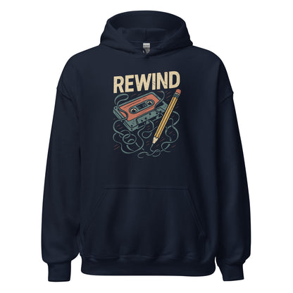 Navy blue hoodie with 'REWIND' graphic design on a white background