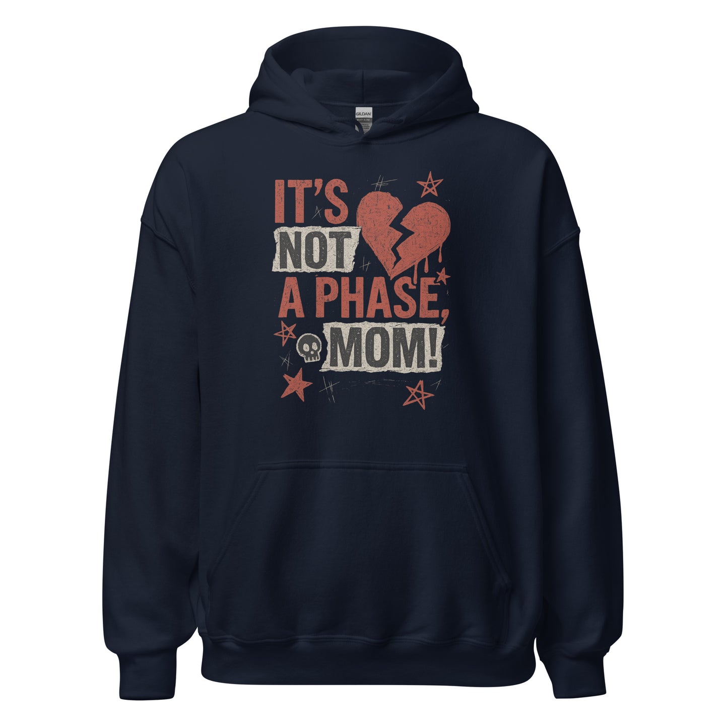 Navy blue hoodie with a graphic design and text on a white background