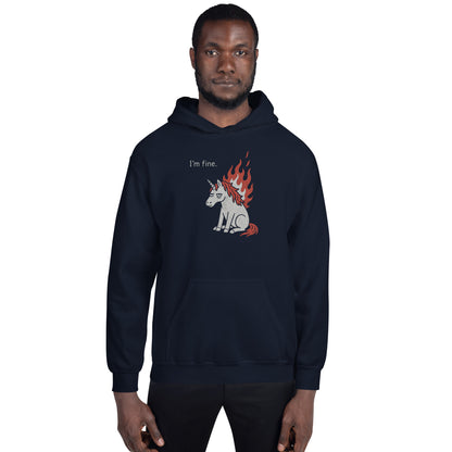 Person wearing a navy hoodie with a graphic design on a white background