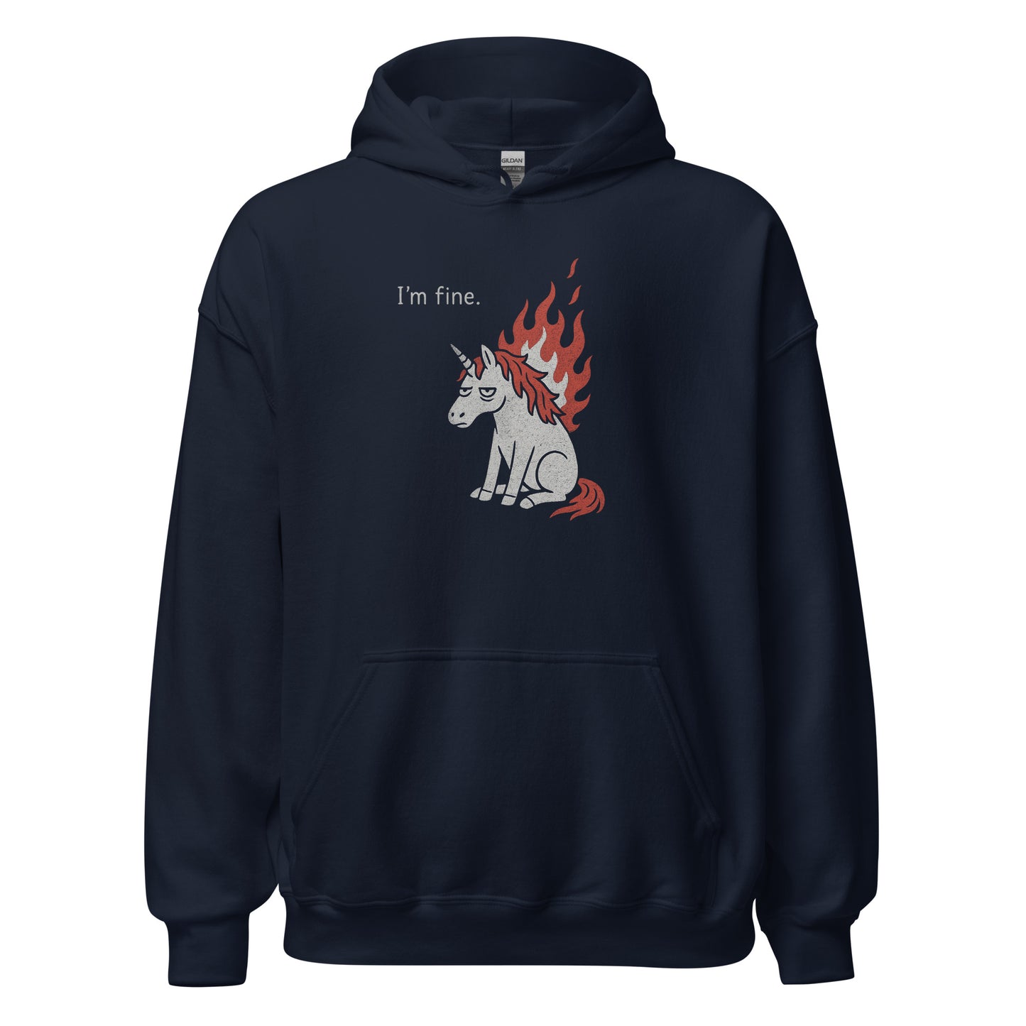 Navy hoodie with a graphic of a unicorn and text 'I'm fine.' on a white background