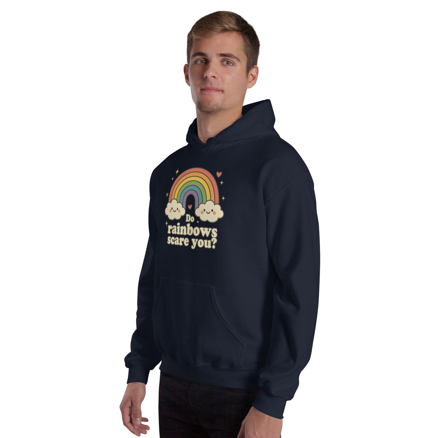 Person wearing a navy hoodie with a rainbow and cloud design on a white background