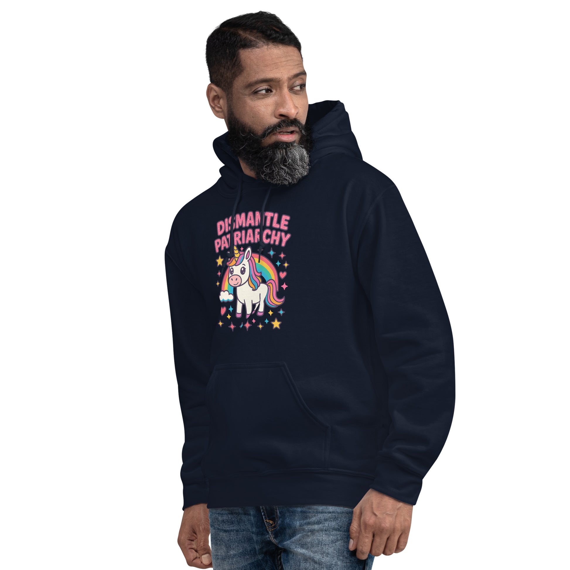 Man wearing a black hoodie with a colorful graphic and text on a white background