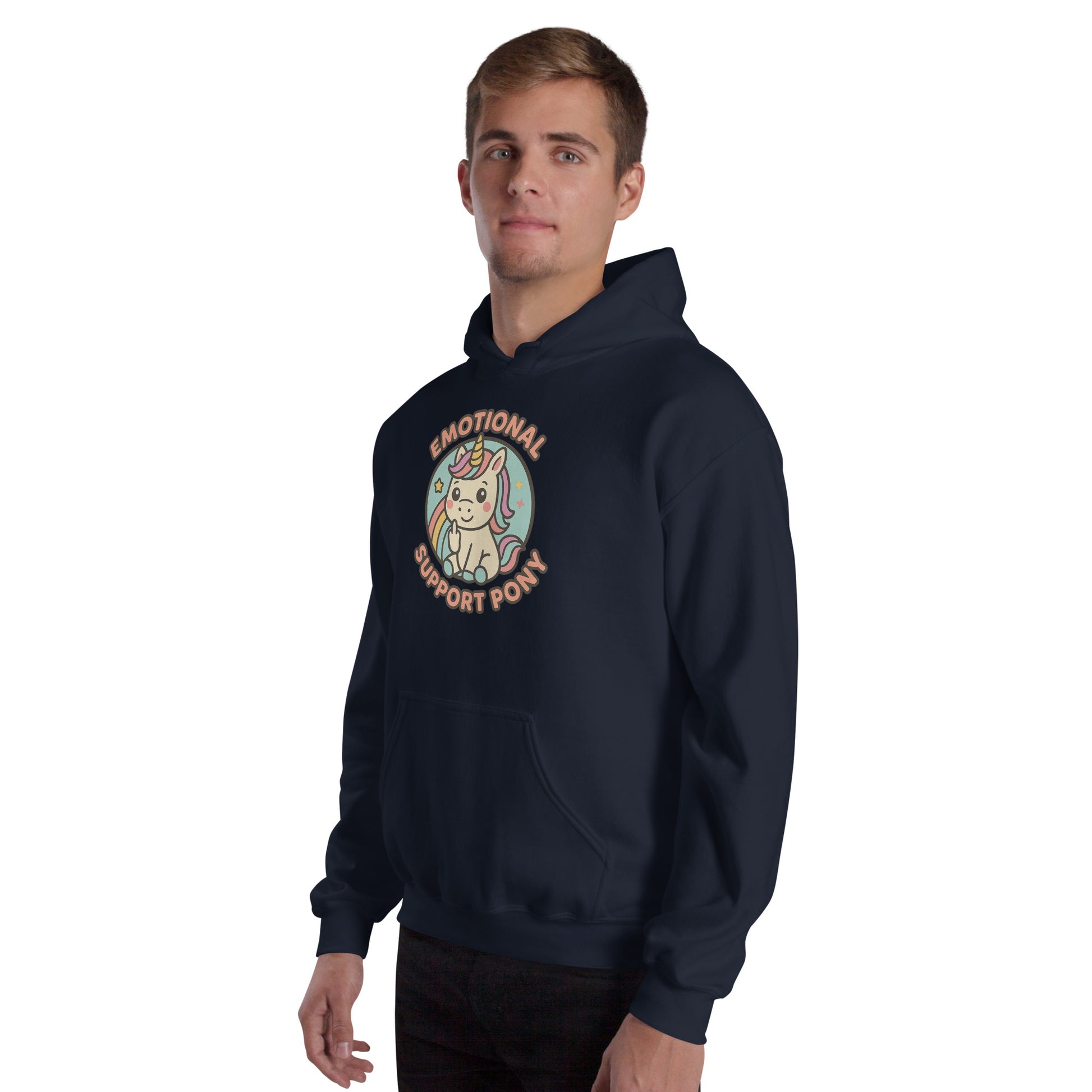 Person wearing a navy hoodie with a graphic design on a white background